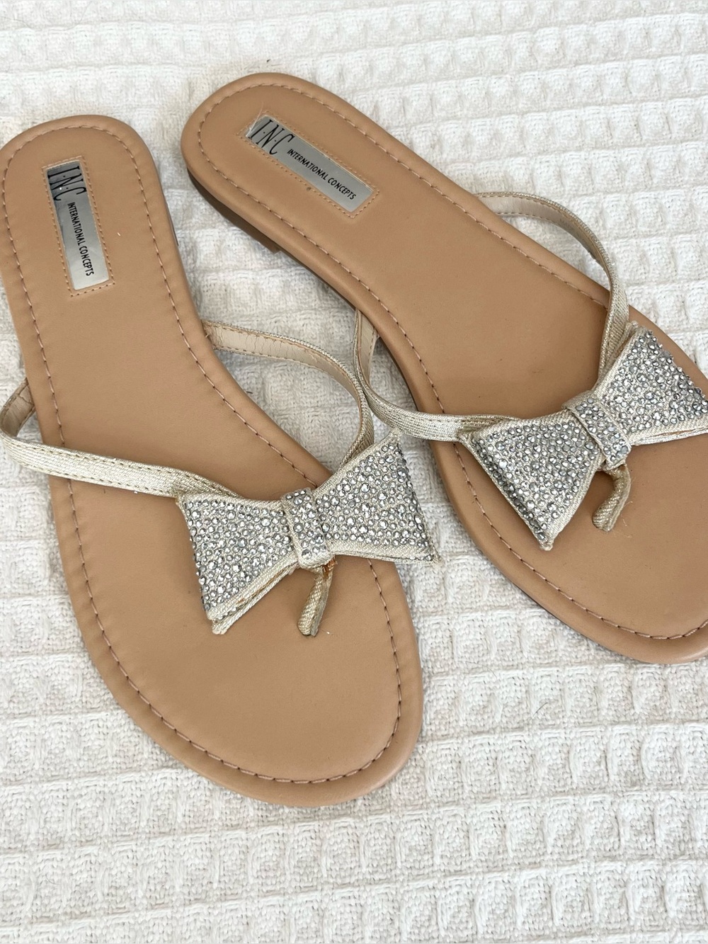INC International Concepts Metallic Gold Bow Embellished Thong Sandals